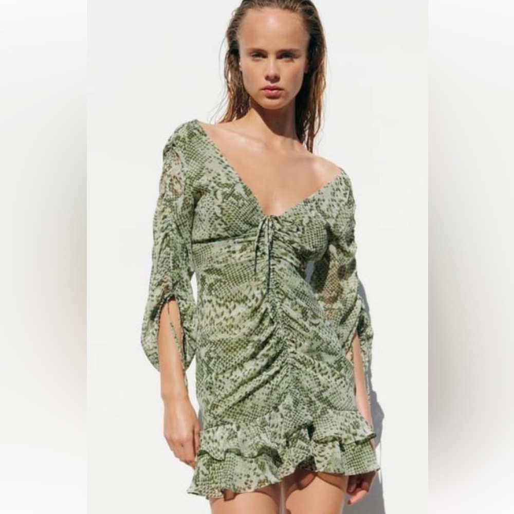 Zara Olive Ruffle Mini Dress - Picture 3 of 6